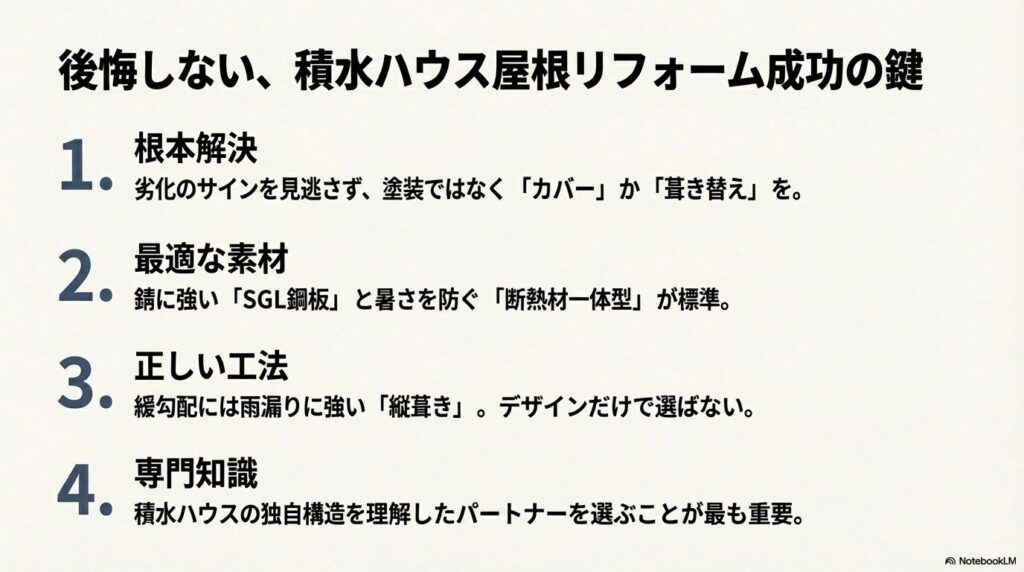1.根本解決（カバーか葺き替え）、2.最適な素材（SGL・断熱材一体型）、3.正しい工法（緩勾配には縦葺き）、4.専門知識（独自構造の理解）をまとめた最終確認画像。