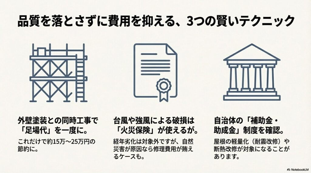 1.外壁塗装と同時施工で足場代節約、2.自然災害時の火災保険活用、3.自治体の補助金・助成金の確認という3つのコストダウン術をアイコンで示した図解。
