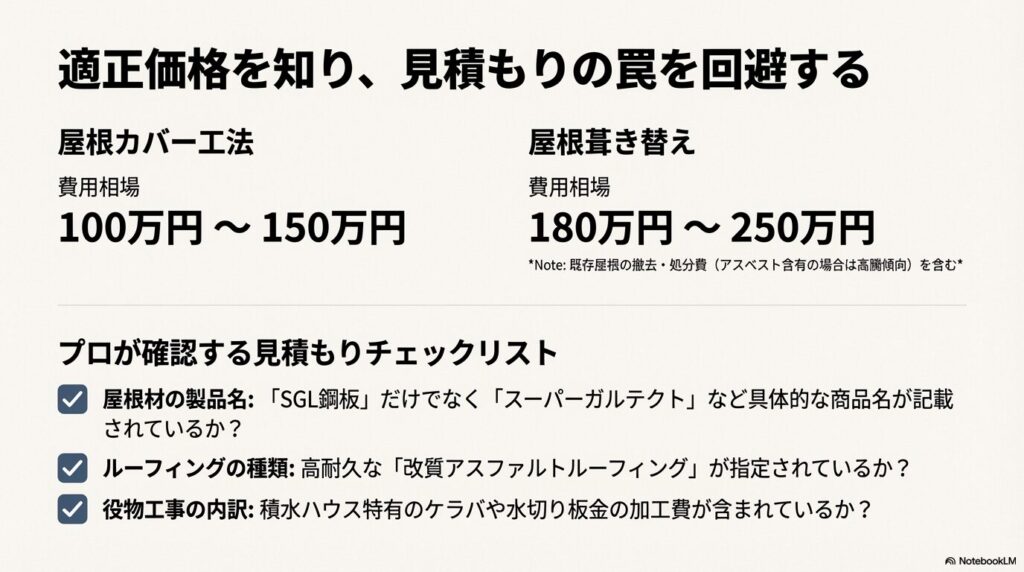 カバー工法（100〜150万円）と葺き替え（180〜250万円）の費用相場。SGL鋼板の商品名記載、高耐久ルーフィングの指定、積水ハウス特有の役物加工費が含まれているかのチェックリスト。