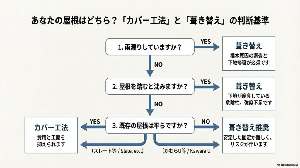 1.雨漏り、2.踏むと沈むか、3.既存屋根が平らか、の3ステップで判断するフロー。雨漏りや下地腐食がある場合は葺き替え、平らなスレートで問題がなければ費用を抑えられるカバー工法を推奨する流れ図。