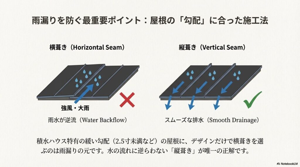 緩勾配屋根の雨漏り防止策。横葺きは強風・大雨で雨水が逆流するリスクがあるが、縦葺きはスムーズに排水できる。積水ハウス特有の2.5寸未満の緩勾配には縦葺きが唯一の正解であることを示すイラスト。