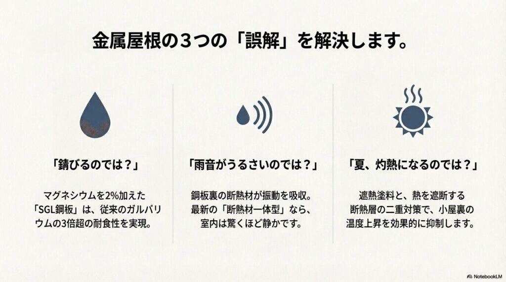 金属屋根の不安解消。SGL鋼板は従来の3倍超の耐食性、断熱材が雨音を吸収、遮熱塗料と断熱層の二重対策で夏の暑さを抑制できることを説明するアイコン付きの解説