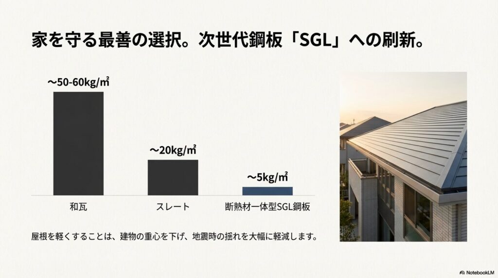 屋根材の重さ比較図。和瓦（50-60kg/㎡）、スレート（20kg/㎡）に対し、断熱材一体型SGL鋼板は約5kg/㎡と非常に軽量。屋根を軽くすることで重心が下がり、地震時の揺れを軽減できることを示す図解。