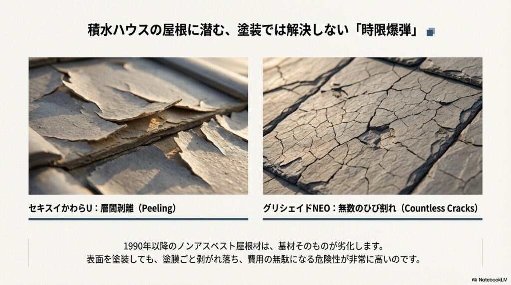 積水ハウスの屋根に潜む「時限爆弾」の解説。セキスイかわらUの表面がめくれる層間剥離と、グリシェイドNEOの無数のひび割れの写真。1990年以降のノンアスベスト屋根材は基材が劣化するため塗装は無駄になるという警告。