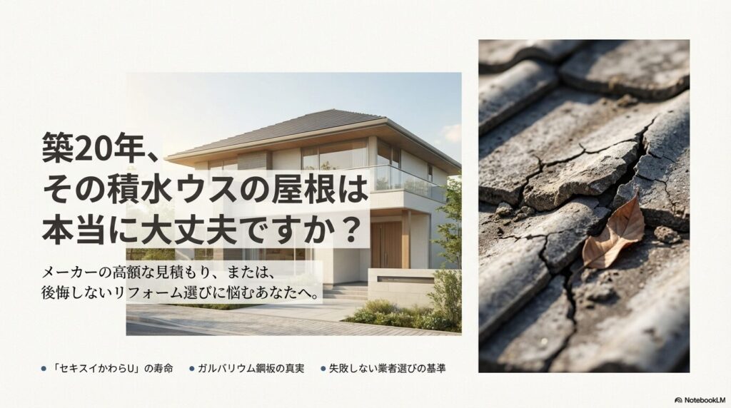 「築20年、その積水ハウスの屋根は本当に大丈夫ですか？」という問いかけ。メーカーの高額見積もりやリフォーム選びに悩む人へ向けた、セキスイかわらUの寿命や業者選びの基準を解説する表紙スライド。