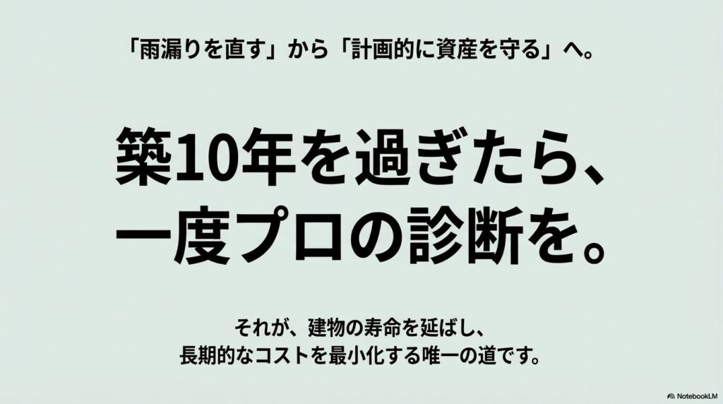 「雨漏りを直す」から「計画的に資産を守る」への意識転換と、築10年を過ぎた際のプロ診断を推奨するメッセージ。