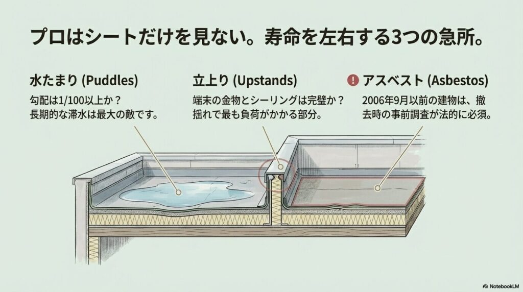 屋上の断面イラストを用い、水たまり対策の勾配、立上り端末の金物処理、2006年以前のアスベスト調査の重要性を示した図。