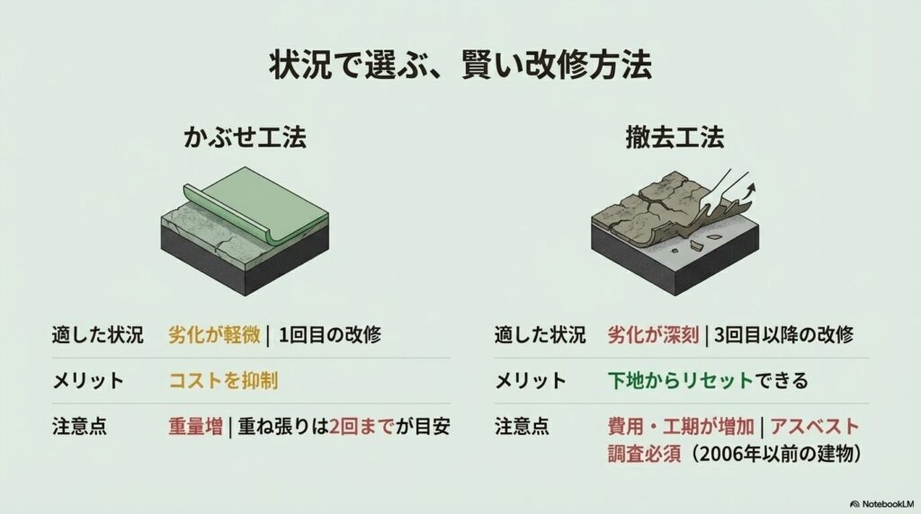 0〜20年以上の経過年数に伴う防水層の健全度を示したグラフ。10〜15年の改修推奨期が最も費用対効果が高いことを示している。