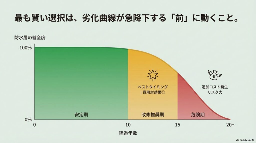 0〜20年以上の経過年数に伴う防水層の健全度を示したグラフ。10〜15年の改修推奨期が最も費用対効果が高いことを示している。