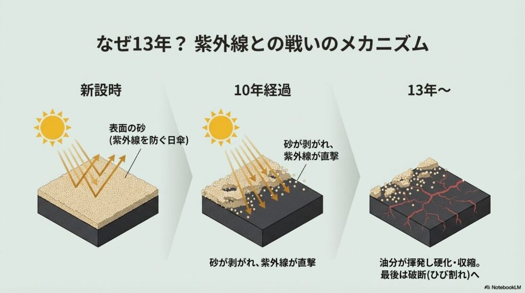 表面の砂が紫外線を防ぐ日傘の役割を果たし、砂が剥がれることで油分が揮発してひび割れるまでのイラスト。