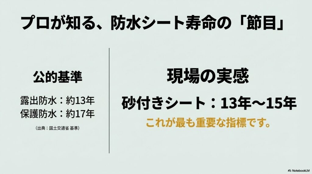 国土交通省の基準（露出13年・保護17年）と、現場での砂付きシートの寿命目安（13〜15年）を比較した図