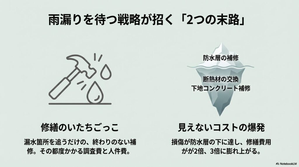 終わりのない補修の「いたちごっこ」と、修繕費用が2〜3倍に膨れ上がる「見えないコストの爆発」を説明する図。