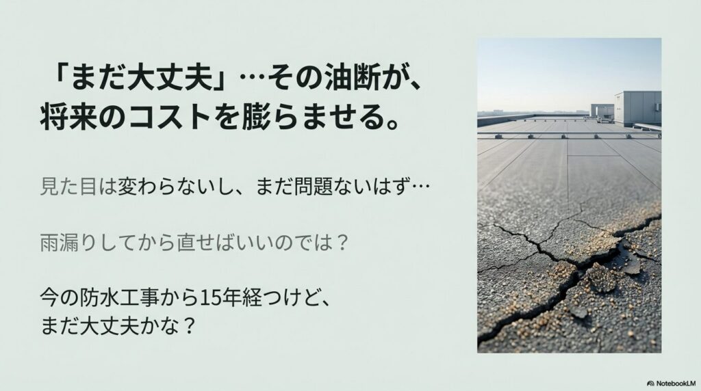 ひび割れた屋上の写真と、放置することで将来のコストが膨らむリスクを警告するテキスト。