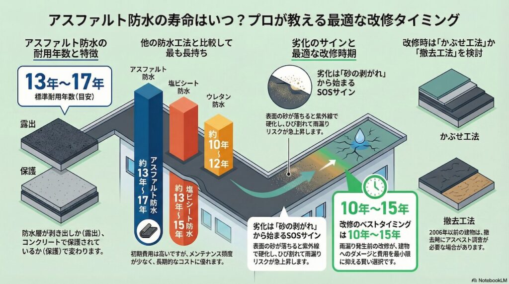 アスファルト防水の寿命はいつ？プロが教える最適な改修タイミング