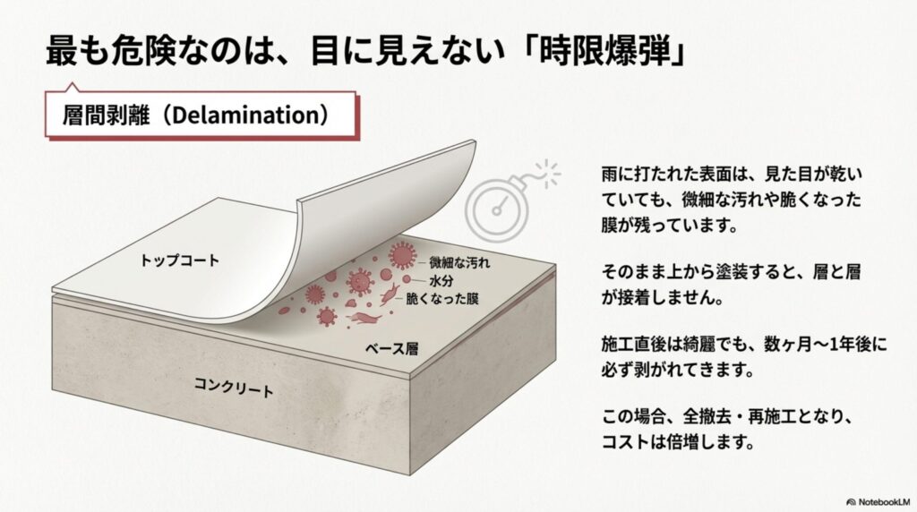 防水層の断面イラスト。トップコートとベース層の間に水分や汚れが挟まることで、後から膜が剥がれてしまう「層間剥離」を時限爆弾に例えて解説している図。