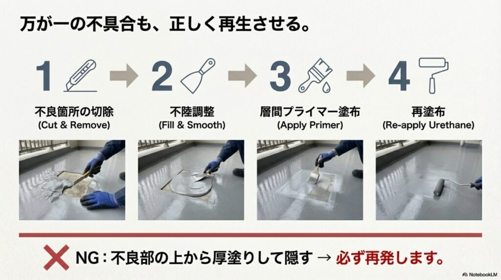 不良箇所の切除、不陸調整、層間プライマー塗布、再塗布の4つの工程を写真とアイコンで示した画像。厚塗りで隠すのはNGであることも強調している。