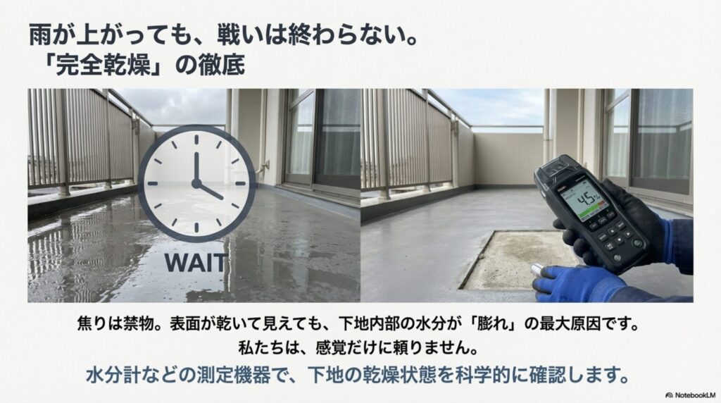 雨上がりのベランダで時計のアイコンと「WAIT」の文字、そして水分計を使って下地の含水率（4.5%）を科学的に測定している様子の写真。