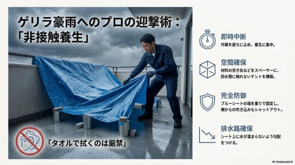 即時中断、空間確保（テント構築）、完全防御、排水路確保といった、防水層に触れずに雨を防ぐプロの養生手順をまとめたスライド。
