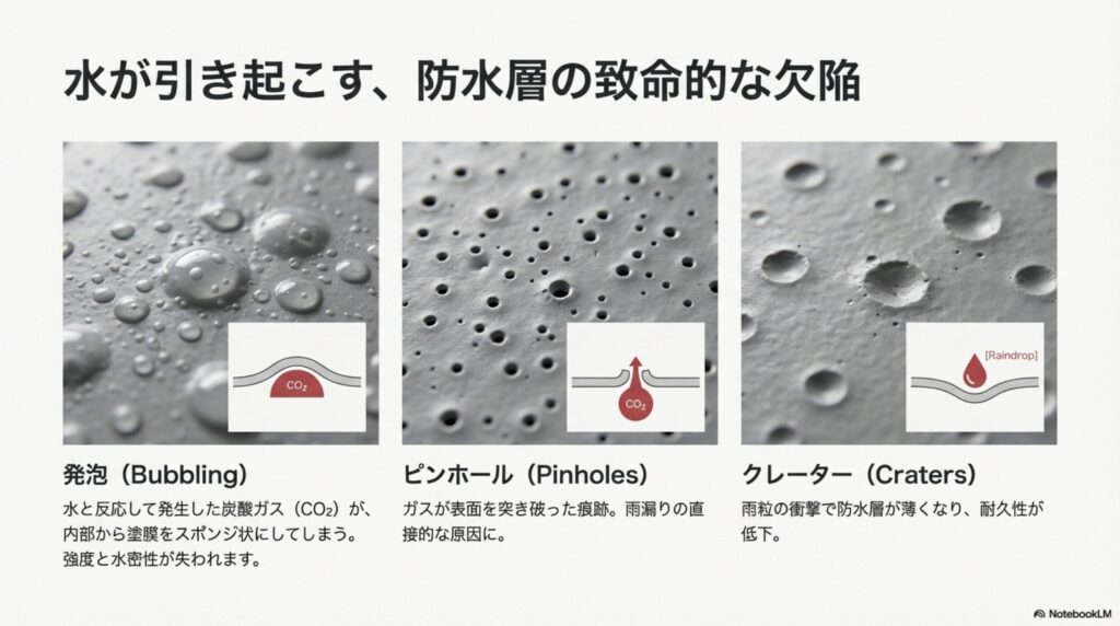 防水層に発生する「発泡」「ピンホール」「クレーター」の3つの不具合を、炭酸ガス（CO2）や雨粒の衝撃のイラストで解説した画像。