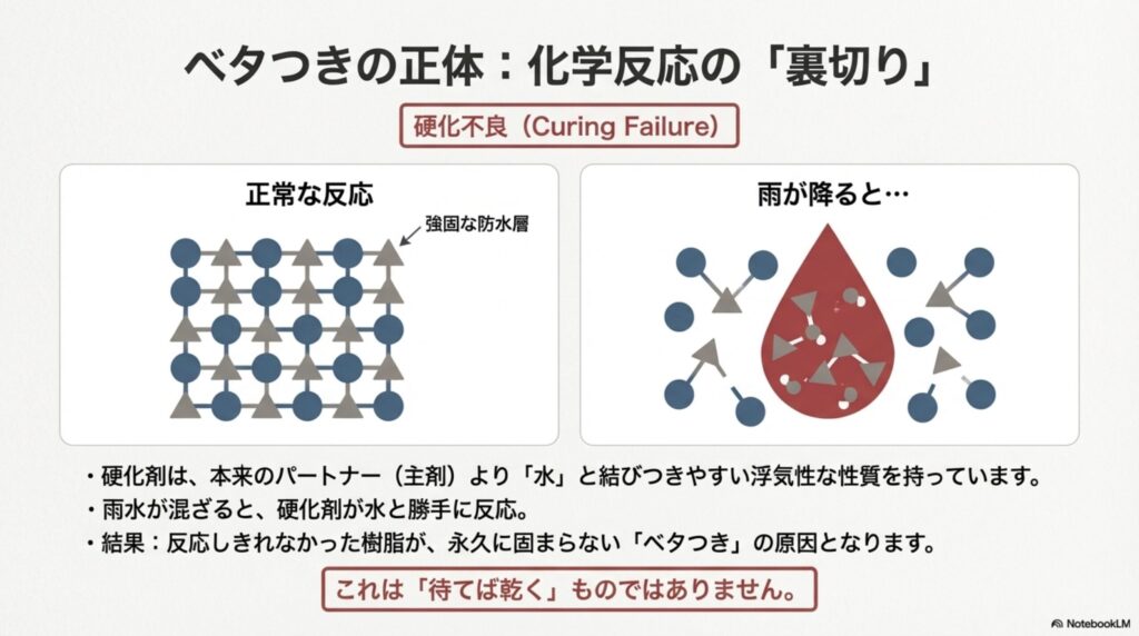 ウレタンの分子構造の図解。硬化剤が主剤よりも水と結びつきやすい「浮気性」な性質を持ち、雨水と反応することで樹脂が固まらなくなる仕組みを説明するスライド。