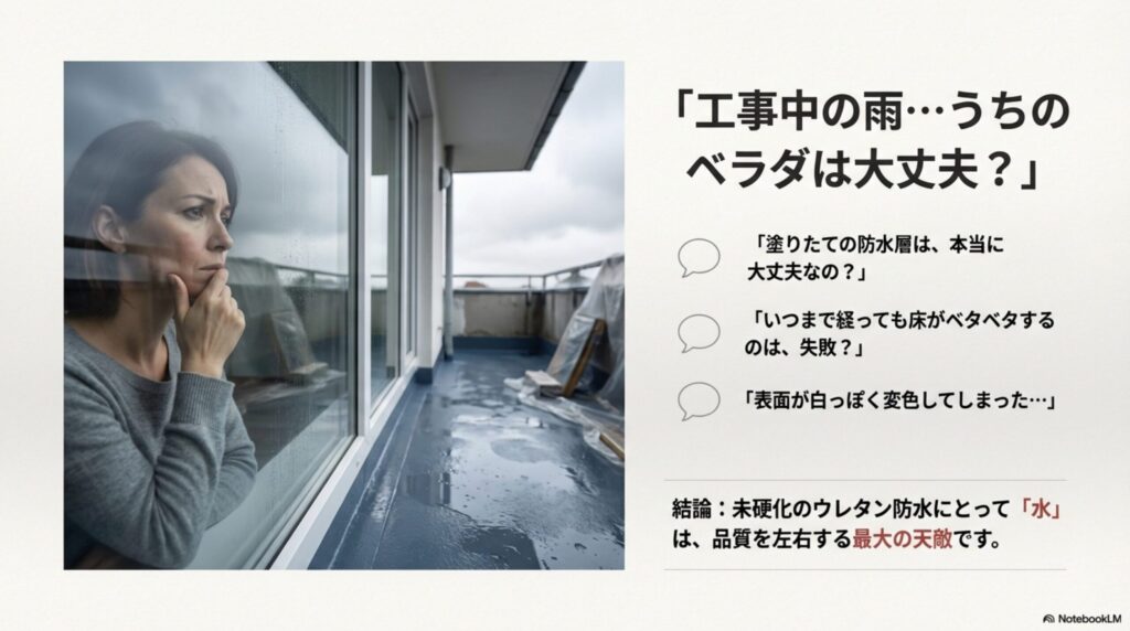 ベランダで雨を心配そうに見つめる女性の写真とともに、「ベタベタするのは失敗？」「白っぽく変色した」といった不安の声と、「未硬化のウレタン防水にとって水は最大の天敵」という結論をまとめた画像。