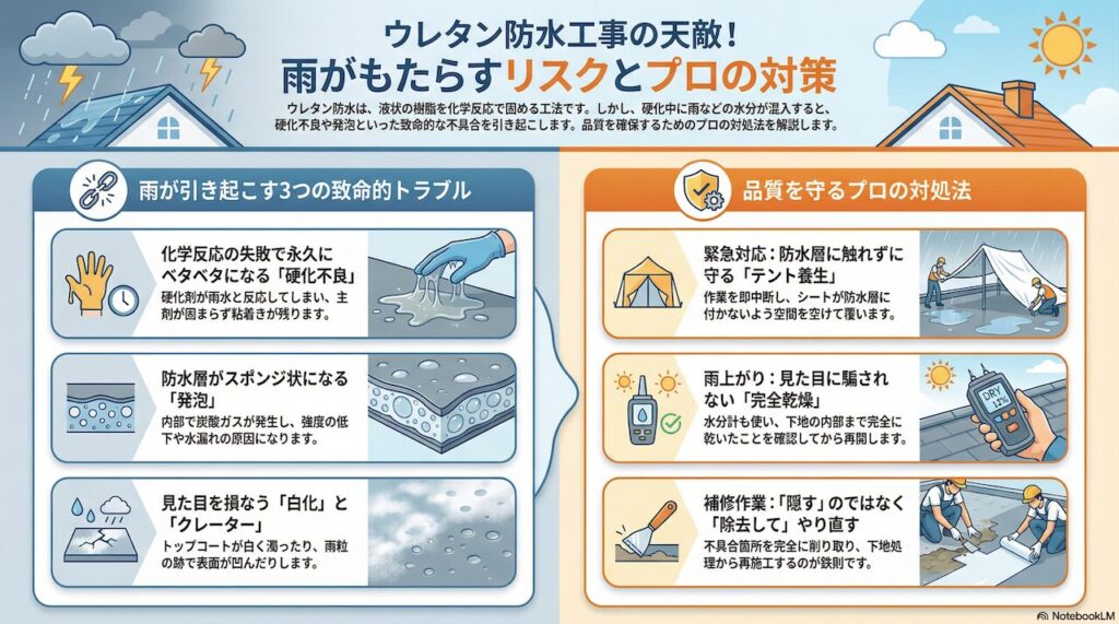 ウレタン防水工事の天敵！雨がもたらすリスクとプロの対策