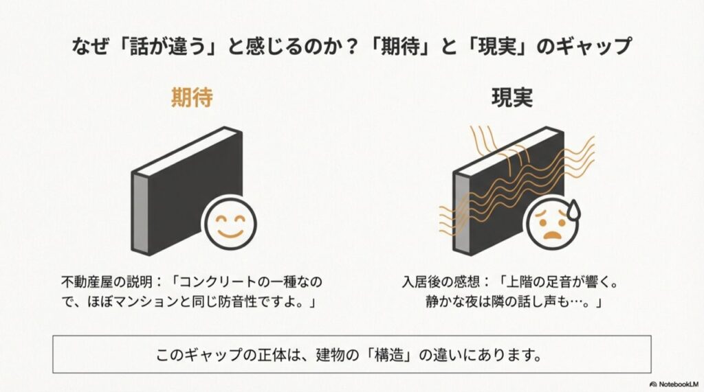 「コンクリートだから防音性が高い」という期待に対し、「実際は話し声や足音が聞こえる」という現実があり、それが構造の違いによるものであることを解説するイメージ図。
