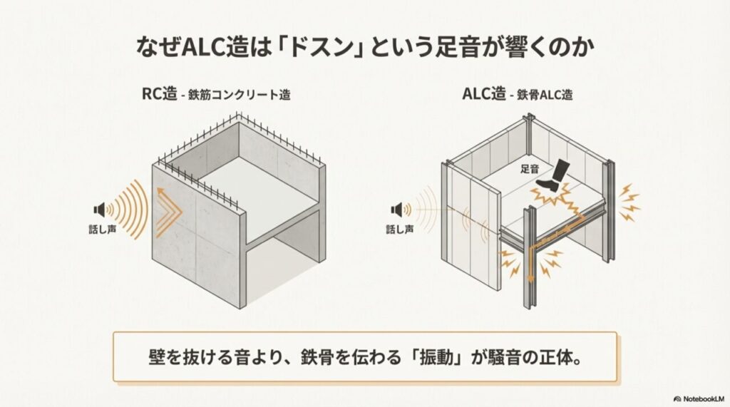 RC造は重いコンクリート壁が話し声を跳ね返すが、ALC造は壁を抜ける音だけでなく、鉄骨を伝って足音などの振動が響きやすいことを示した図解。