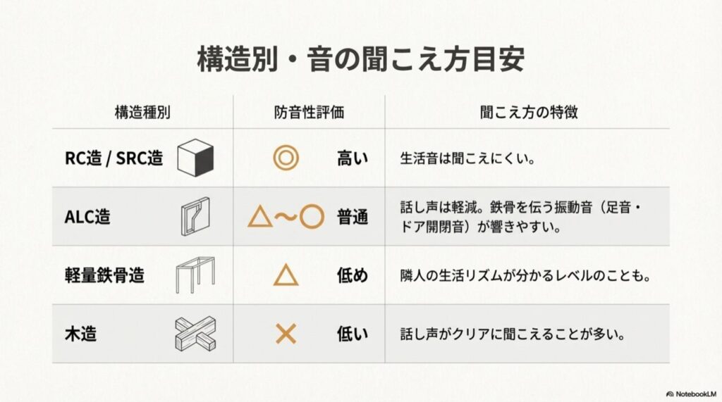 建物の構造種別ごとに、防音性の高さと聞こえ方の特徴（生活音、話し声、振動音など）をまとめた比較表。