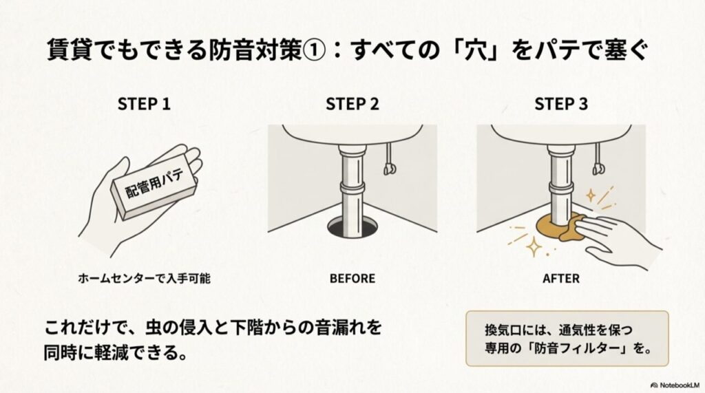 洗面台やキッチン下の排水管周りにある隙間を、配管用パテを使って埋めることで、防音と防虫対策を行う手順を示したイラスト。
