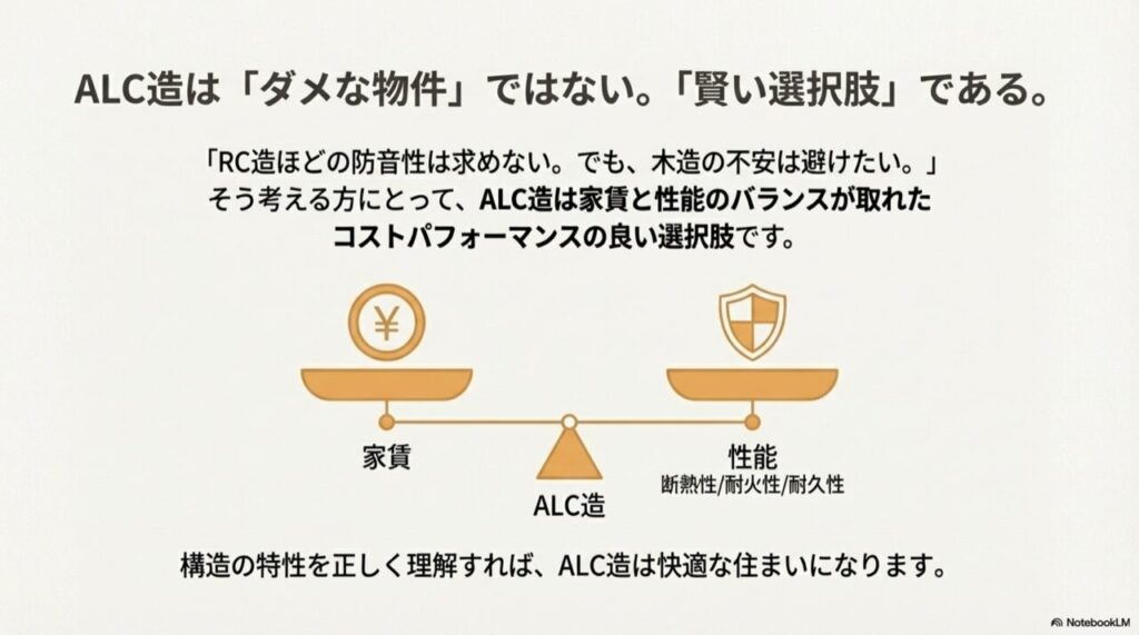 家賃の安さと、断熱性・耐火性などの性能面のバランスが取れており、ALC造は賢い選択肢であることを示す天秤のイラスト。