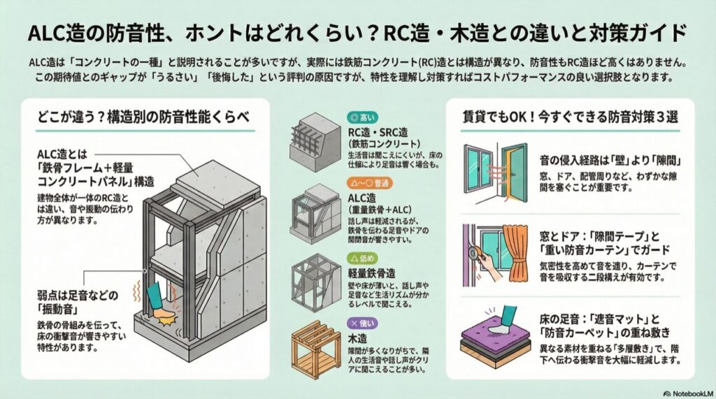 ALC造の防音性、ホントはどれくらい？RC造・木造との違いと対策ガイド