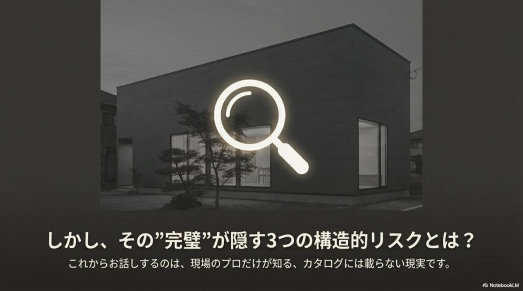黒い背景に白文字で「その完璧が隠す3つの構造的リスクとは？」と書かれたスライド。カタログには載らない現実があることを示唆している。
