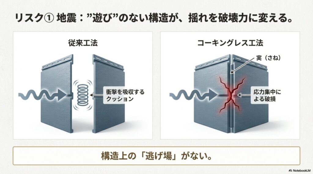 従来工法とコーキングレス工法の比較イラスト。従来工法はシーリングがクッションとなり衝撃を吸収するが、コーキングレス工法は実（さね）に応力が集中し、ひび割れが発生する様子を図解している。