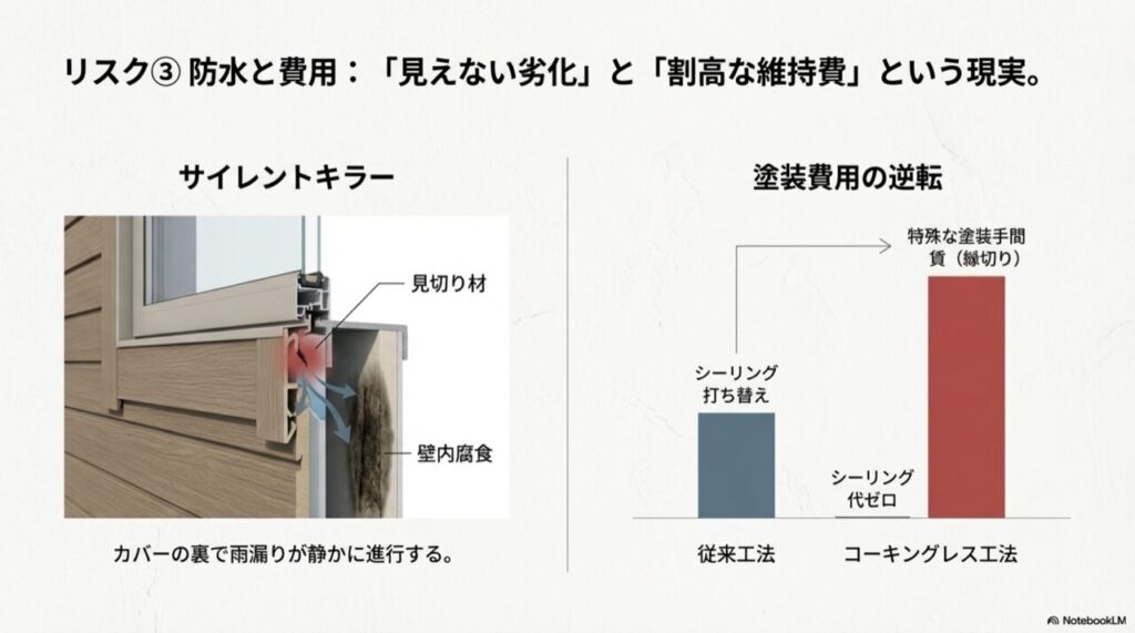 窓枠（見切り材）の内部で壁内腐食が進む「サイレントキラー」の断面図。右側には、シーリング打ち替え費用よりも、コーキングレスの特殊な塗装手間賃の方が高くなることを示す棒グラフが描かれている。