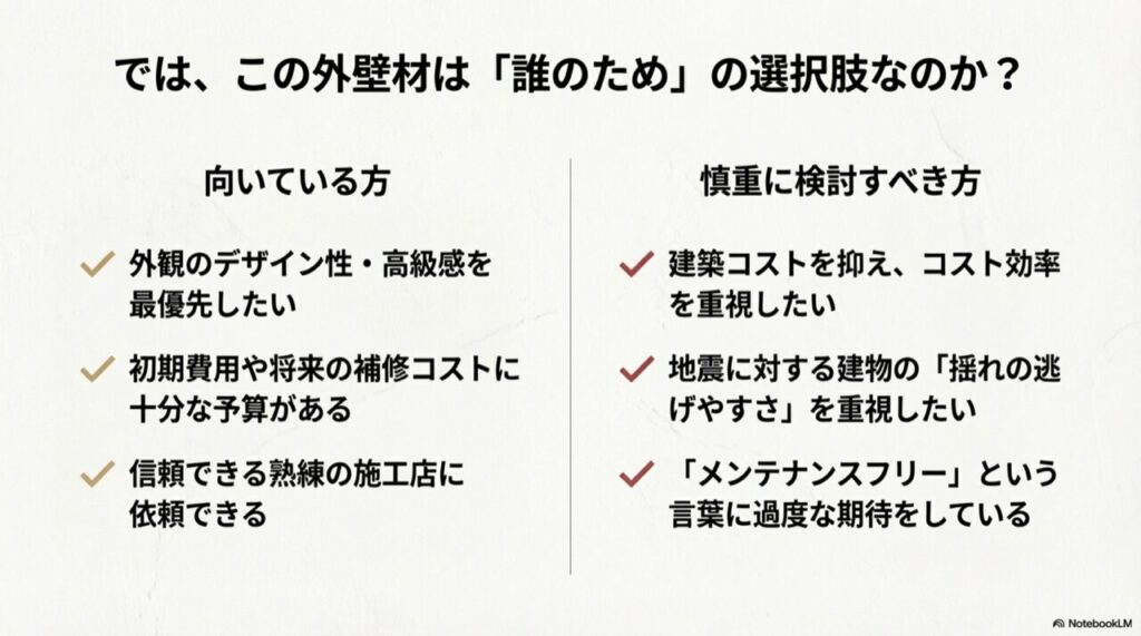コーキングレスサイディングが「向いている人」と「慎重に検討すべき人」を分けたチェックリスト。「デザイン優先」か「コスト効率・耐震性優先」かで比較されている。
