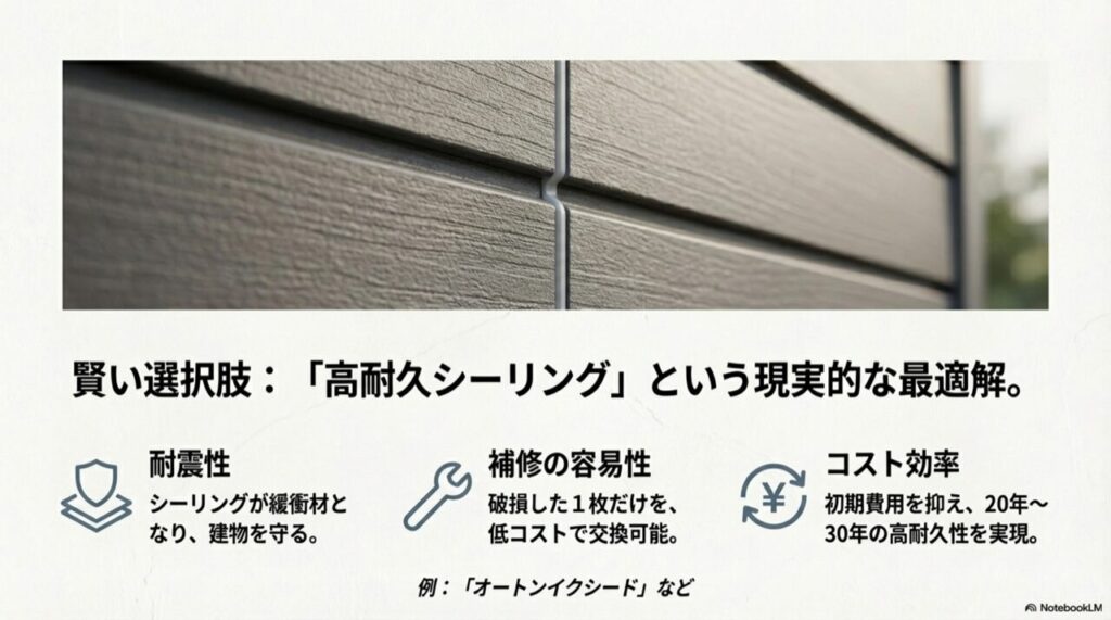 高耐久シーリングを使用したサイディングの拡大写真。耐震性とコスト