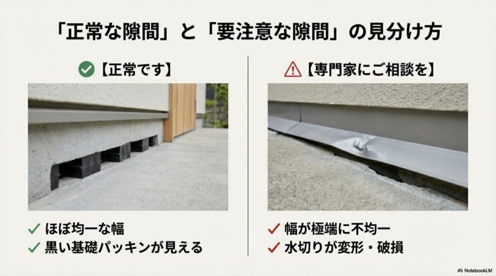 正常な基礎パッキンの写真と、水切りが変形してしまっているNG例の写真を比較したチェックリスト。