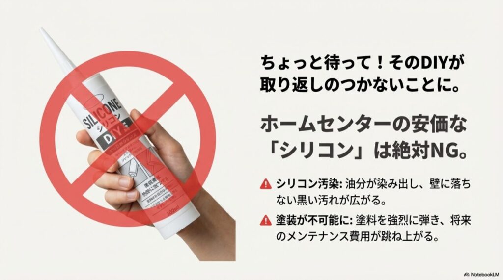 「シリコンは絶対NG」という警告文。シリコン汚染や塗装弾きのリスクを解説したスライド。