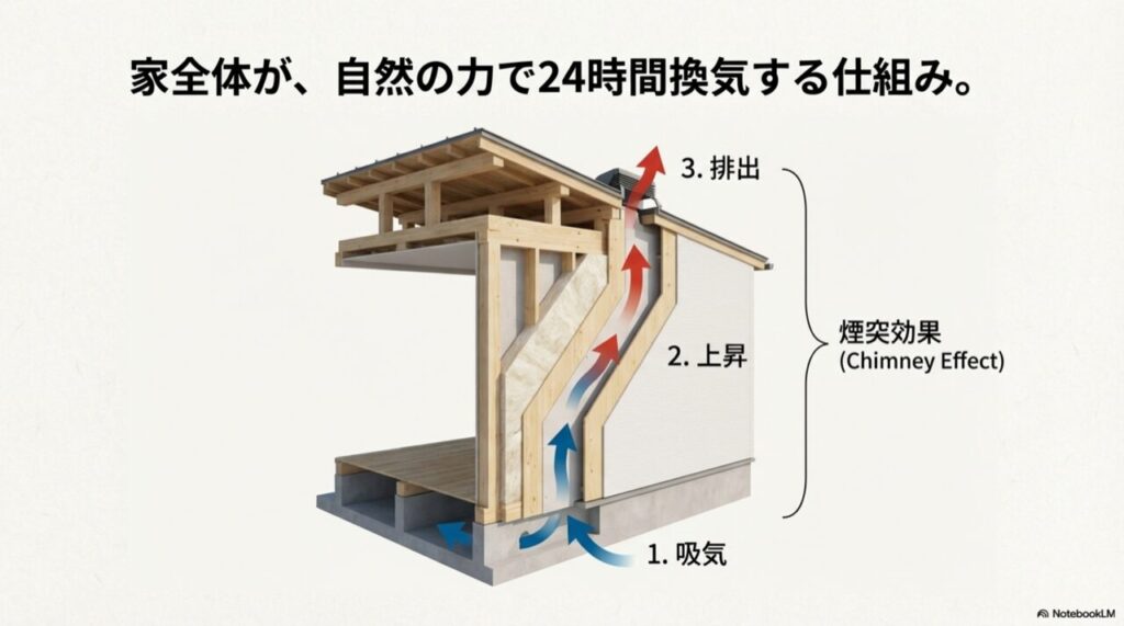 住宅の断面図イラスト。基礎の隙間から吸気し、壁内を通って屋根から排気される空気の流れ(煙突効果)を示している。