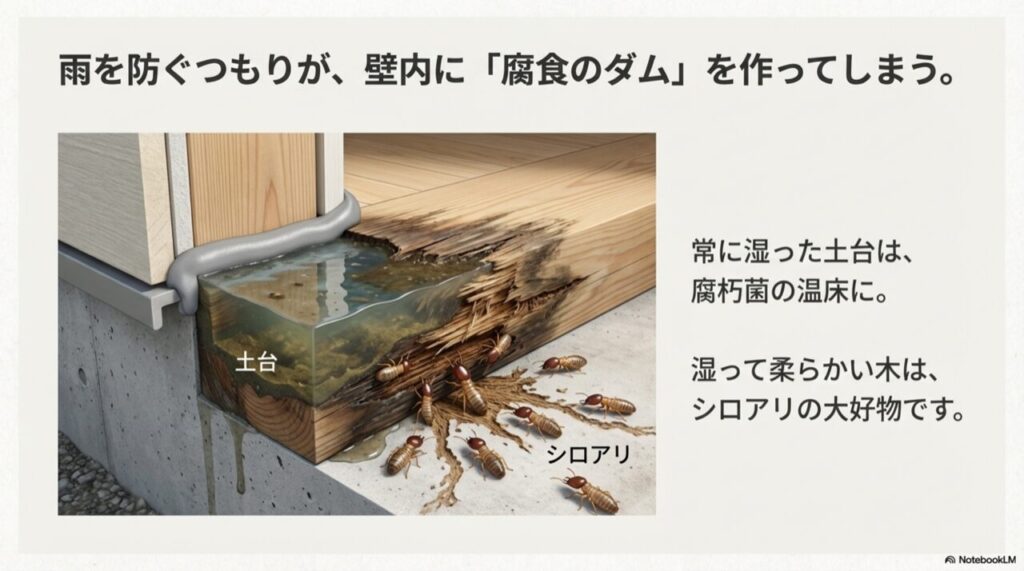 基礎内部のイラスト。コーキングで水が溜まり、腐食した土台にシロアリが群がっている危険な状態の図。