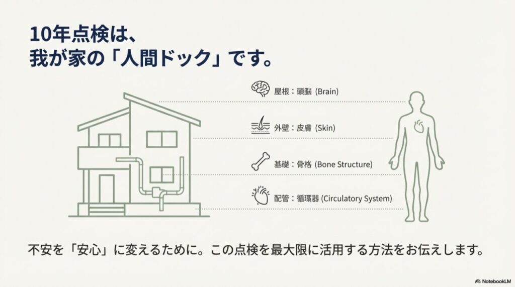 家の屋根を頭脳、外壁を皮膚、基礎を骨格、配管を循環器に見立てた人間ドックのイラスト