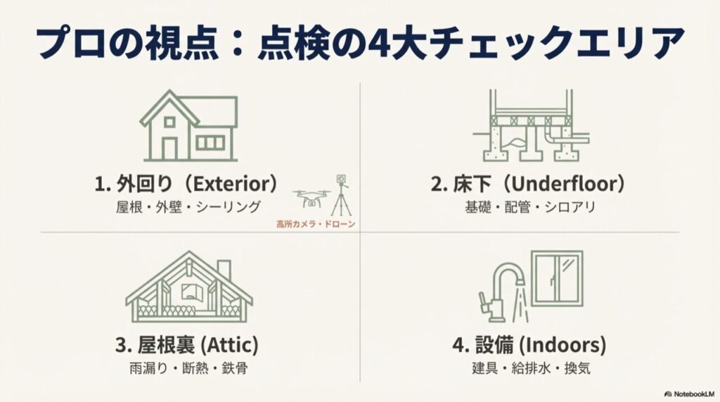 外回り、床下、屋根裏、設備の4つのエリアごとに、ドローンや高所カメラなどを使用する点検イメージ