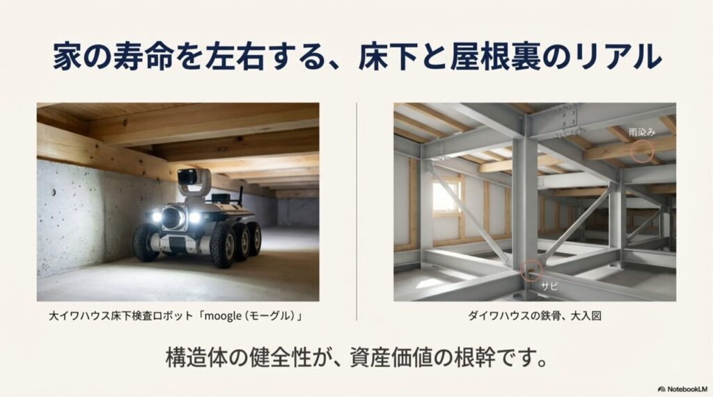 床下点検ロボットmoogleが走行する様子と、鉄骨のサビや雨染みなど劣化箇所の写真