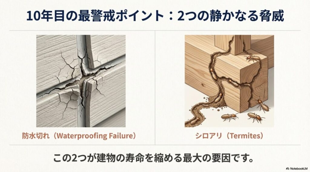 外壁目地のひび割れ（防水切れ）と、木材を侵食するシロアリのイラスト解説