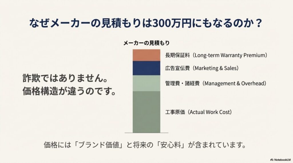 工事原価に加え、長期保証料、広告宣伝費、管理費が積み上がっているメーカー見積もりの価格構造図