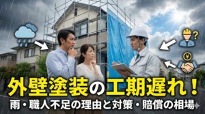 外壁塗装の工期遅れ！雨や職人不足の理由と対策・賠償の相場