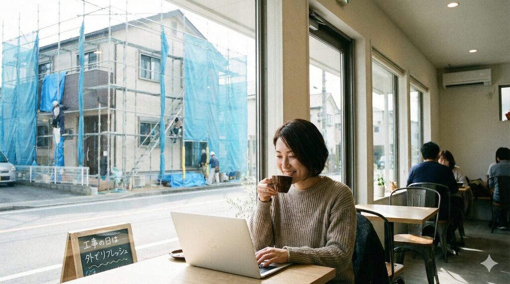 外出して気分を発散し工事を無視する