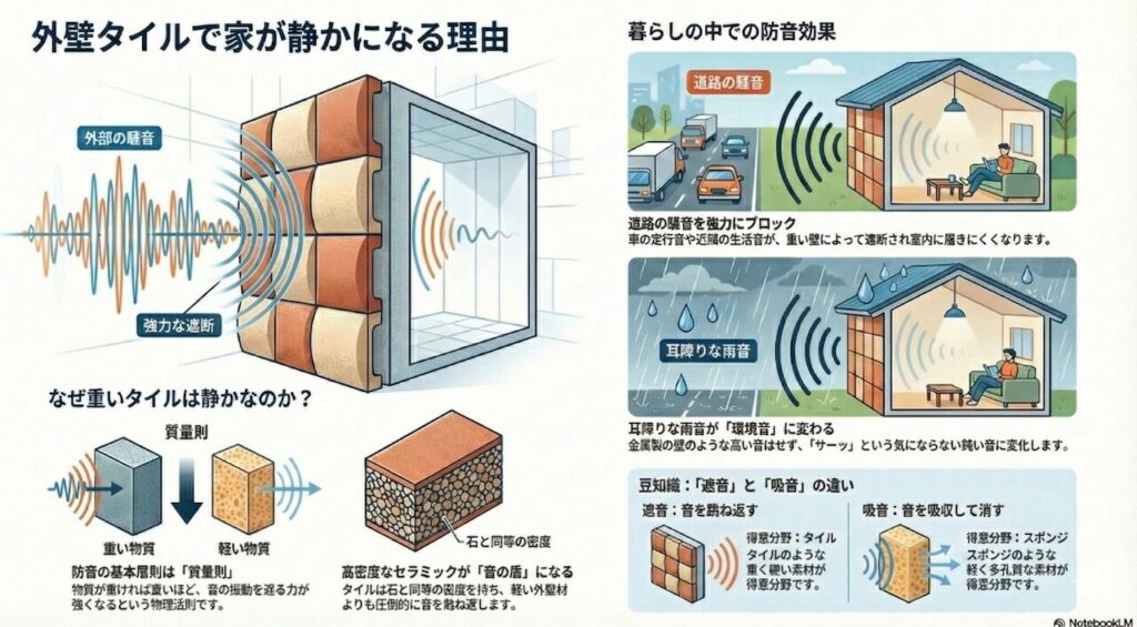 タイル素材の厚みと重さが生む高い遮音効果