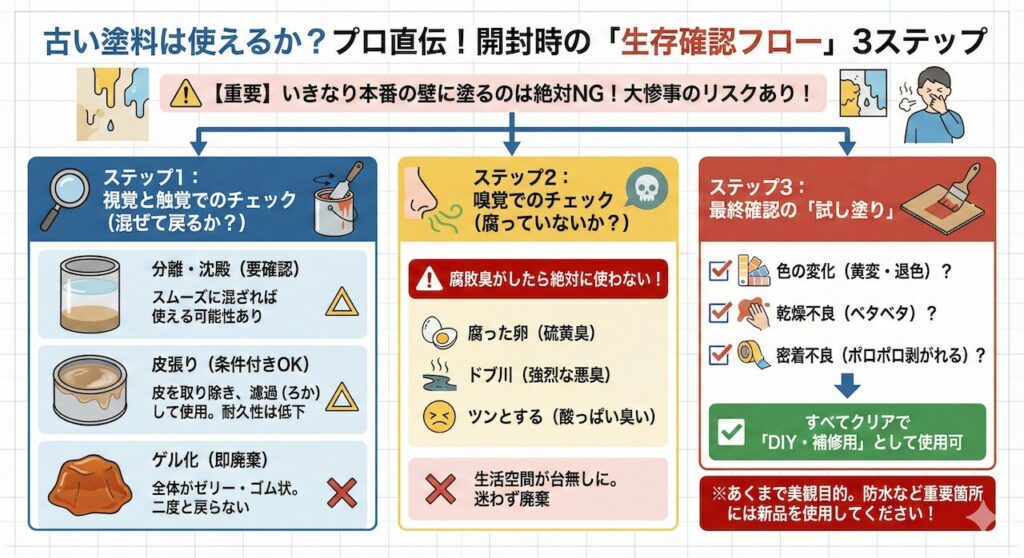 古い塗料は使えるか分離や臭いで判断する